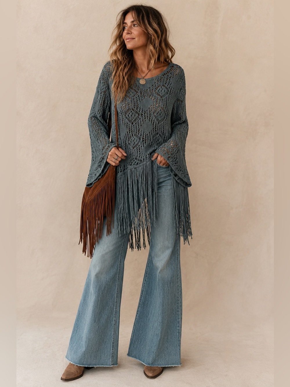Easel Crochet Fringe Sweater Olive Green Boho Festival 70s Cottagecore S/M